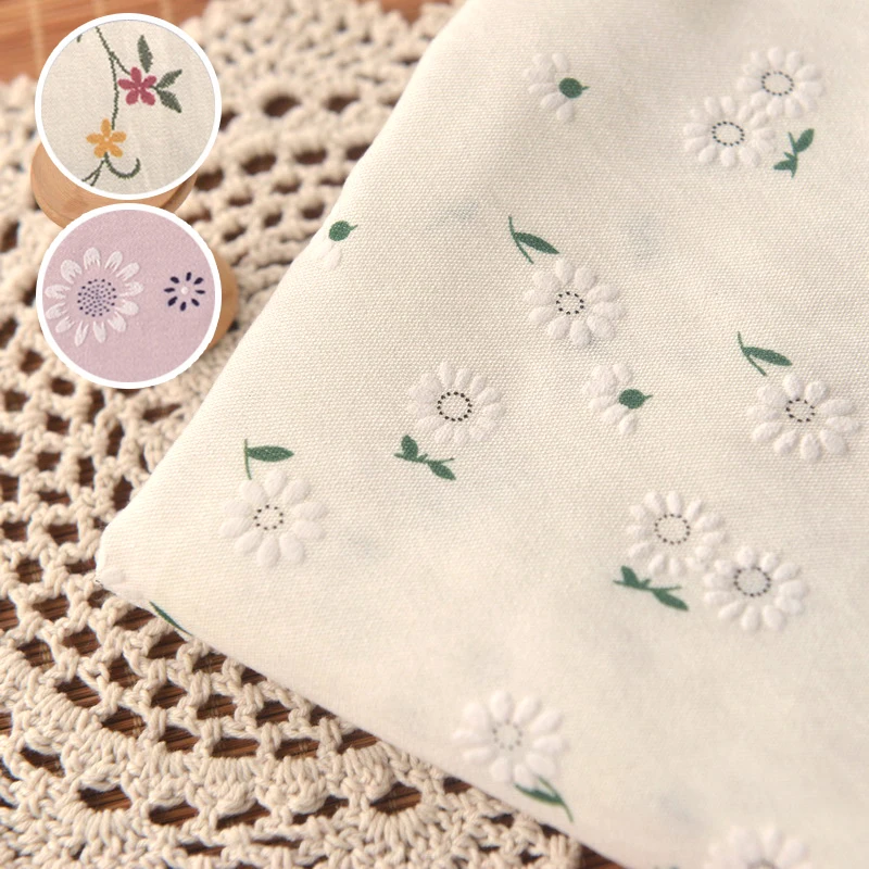 

High quality linen fabric Daisy cluster with white background tissu Summer dress shirt long cheongsam garment fabric