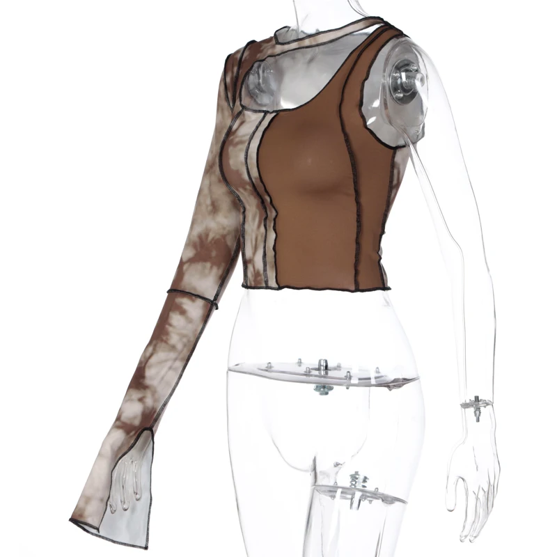 

2021 Single Sleeve Patchwork Cut Out Sexy Crop Top Autumn Winter Women Fashion Streetwear Outfits Y2k T-shirts