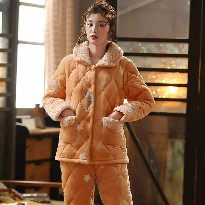 Winter Warm Pajamas Sets Women Three-Layer Thicken Flannel Sleepwear 2Piece/Set Coral Fleece Long-Sleeved Trousers Home Clot