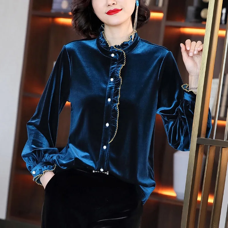 2019 Fall Spring Casual Womens Clothing Embroidery Long Sleeve Ruffled Velour Top Shirt , Korean Style 3xl Blouse for Women