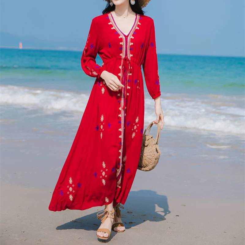 Богемное народное Цветочное платье с v-образным вырезом и рукавом 5 минут морским