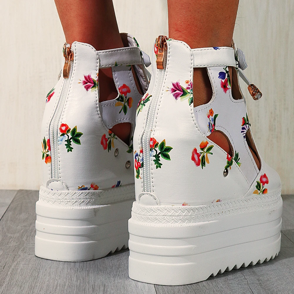 

White New Fashion Leisure lace-up Platform Height Increasing Plus Size 35-39 Flower Summer Sandals Women Shoes Casual Sandal