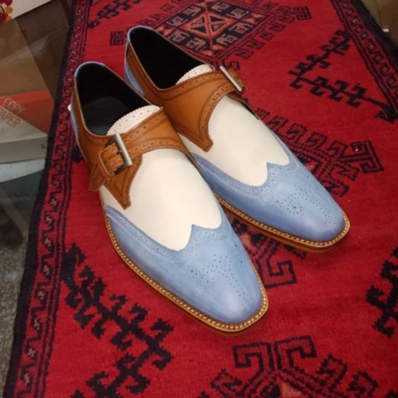 

Autumn New Men's PU Splicing Multi-color Buckle Pointed Block Business Dress Shoes Dress Shoes Barber Shoes Hot Sale 5KE402