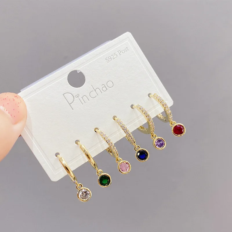 

6pcs/set S925 Needle Gold Plated Earrings Colorful Zircon Fashion Jewelry Geometric Crystal for Women