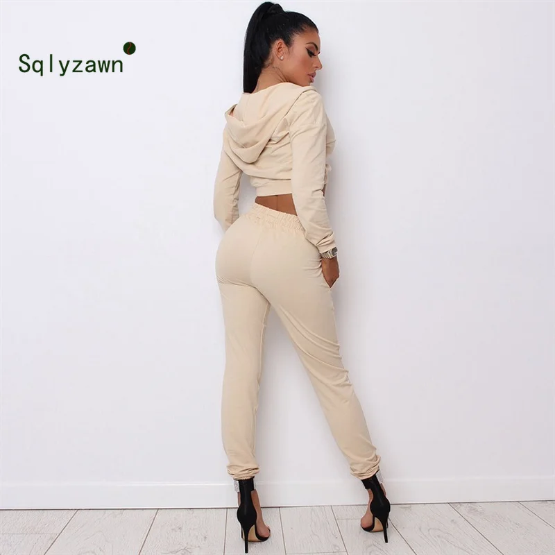 

Women Autumn Sporting 2 Piece Sets Clothes Sportwear Short Hooded Zip Jackets Top + Solid Apricot Jogger Cargo Pants Tracksuits