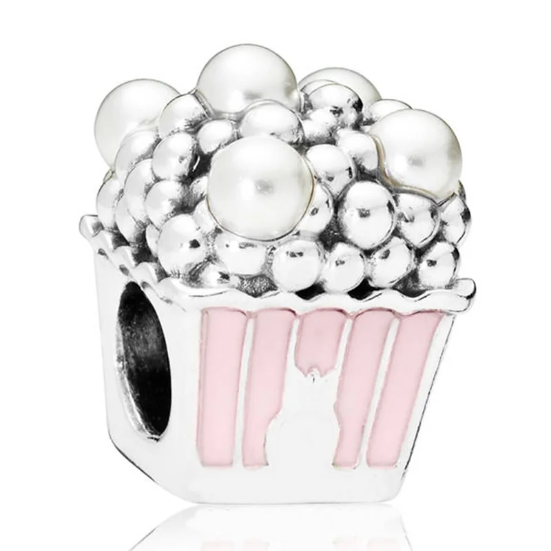 

Original 925 Sterling Silver Charm Pink Enamel Delicious Popcorn Pearls Bead With Crystal Fit Pandora Bracelet DIY Jewelry