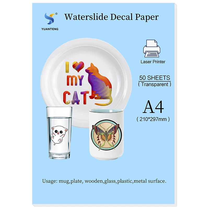 50 Sheets Laser Water Slide Decal Paper Clear Waterslide Transfer Paper DIY Custom Printable Water-Slide Decals for Cups A4 Size