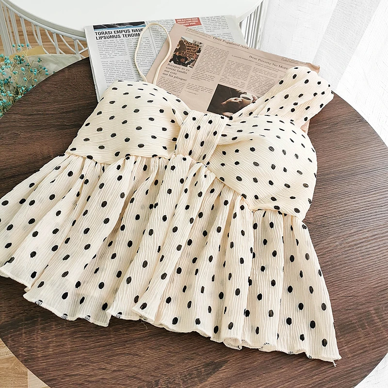 

Women Cute Sweet Chiffon Camis 2021 Summer New Polka Dot Ruffles Camisole Sexy Female Fashion Wild Korean Crops