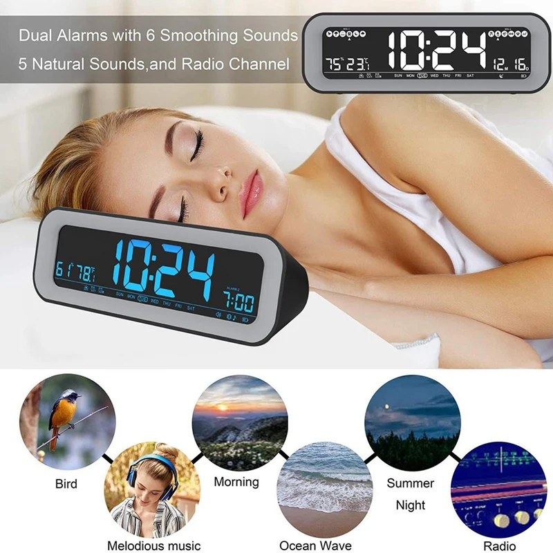 

Alarm Clock Radio with Auto Dimming, FM Radio Temperature and Humidity , Dual Alarm, Snooze, Date-Display for Bedroom