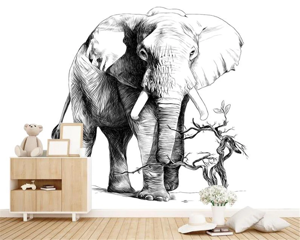 Custom wallpaper cartoon black and white sketch elephant TV background wall painting home decoration living room 3d wallpaper