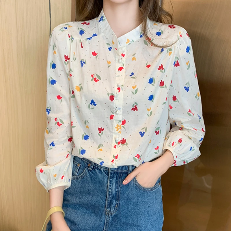 

Шифоновая Блузка, новинка 2021, осенняя блузка, женская Свободная блузка в Корейском стиле с длинными рукавами и цветочным принтом, рубашка 32C