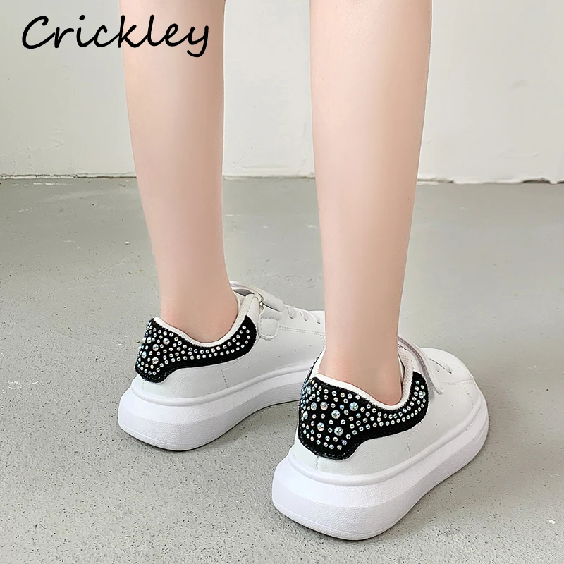 

White Crystal Girl Shoes Bling PU Leather Sneakers For Children Casual Shoes Hook Loop Non Slip Breathable Soft Girl Sport Shoes