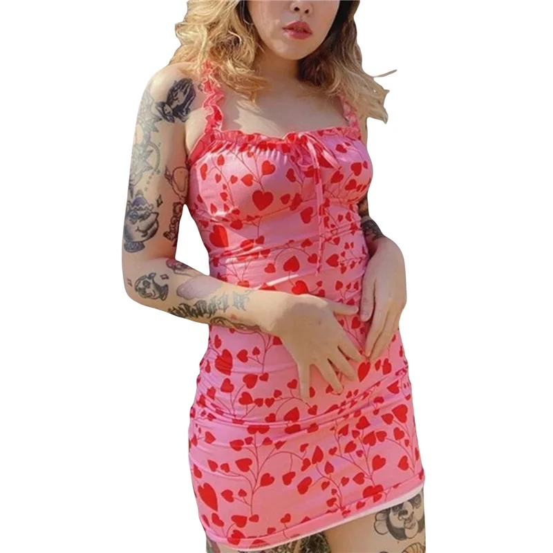 

Women Fashion Sleeveless Heart Print Summer Dress Ladies Female Stylish Spaghetti Strap Bodycon Slim Mini Dress
