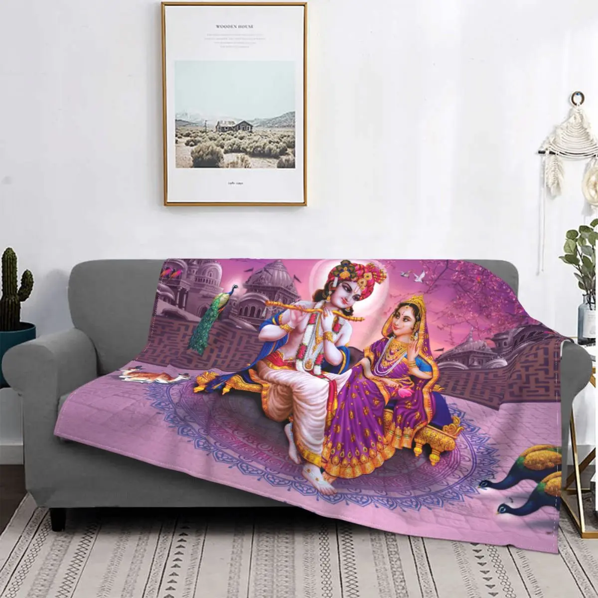 

Krishna Radha Knitted Blankets Indian God Fantacy Hindu Flannel Throw Blankets Bedding Couch Portable Ultra-Soft Warm Bedspreads