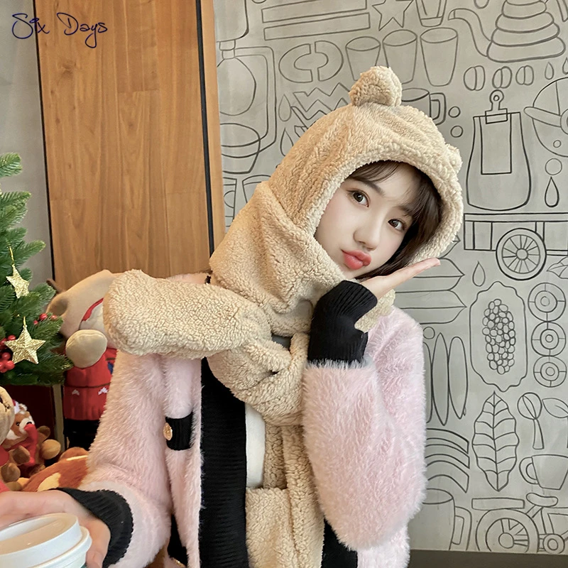 

Lovely Women Plush Scarf Winter Warm Girl Cute Bear Ear Earmuffs Hat Double Thick Hat Scarf Gloves Three-Piece Set Gift Present