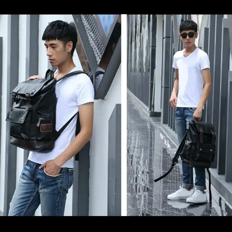 

Men High Quality PU Leather Backpacks Male Large Capacity Travel Rucksack Waterproof Laptop Bag Retro Black School Bags WM861Z