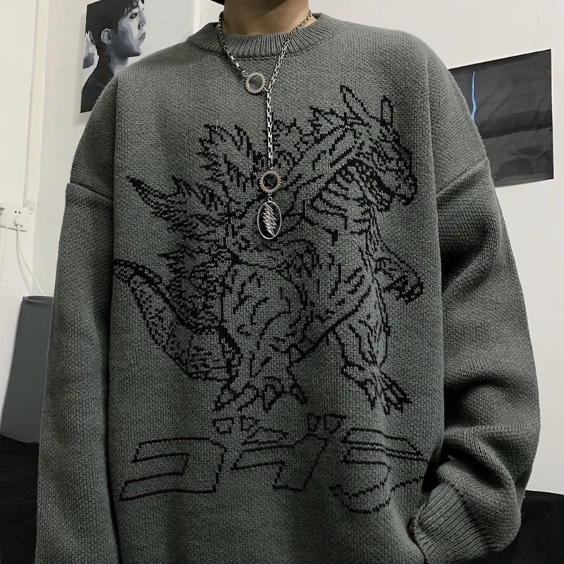 Cartoon Monster Sweater Retro Dinosaur Cotton Loose Round Neck Long Sleeve Knit Thick Harajuku Female | Женская одежда