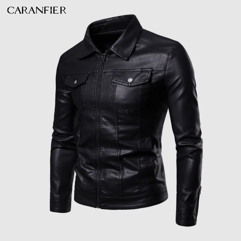 Куртка CARANFIER мужская из искусственной кожи приталенная Черная байкерская куртка