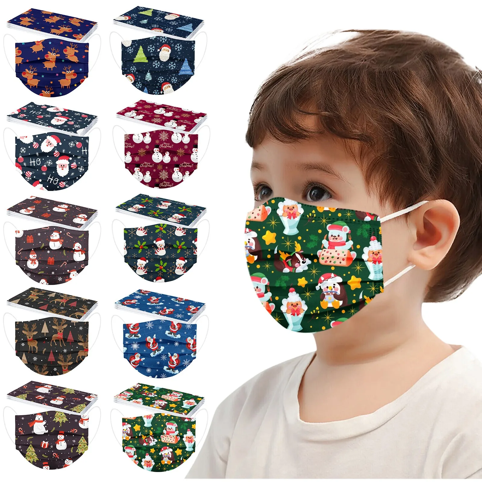

10pcs Kids Mouth Mask Christmas Kids Fabric Facial Mask Cartoon Print Mouth Cover Protective Fabric Dirt 3 Layer Face Bandanas