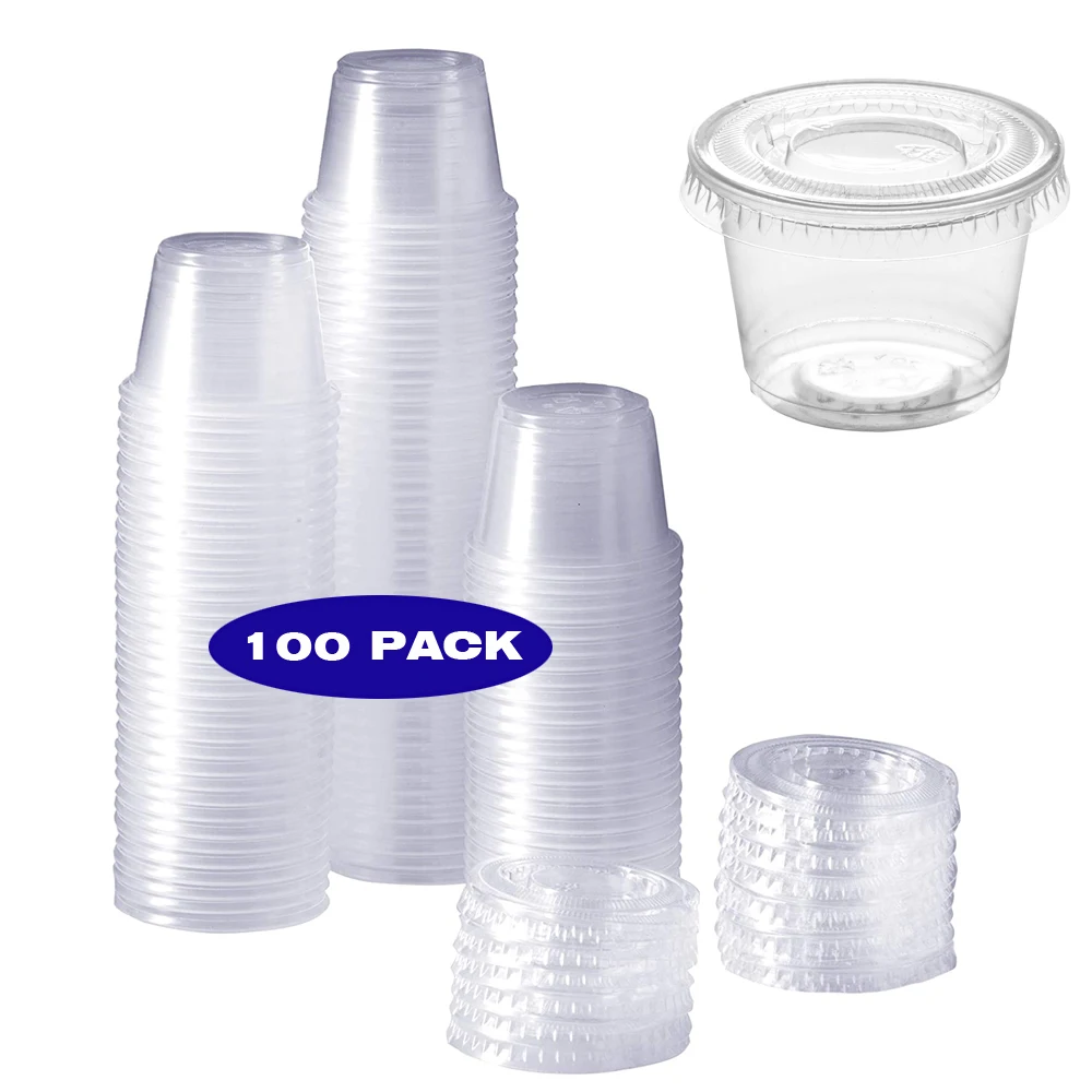 

100 Sets 30ml/ 60ml/ 90ml/ 120ml Plastic Disposable Portion Cups With Lids, Souffle Cups, Jello Cups