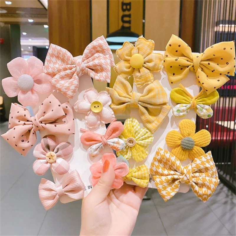 

8PCS Fashion Girl Warm Color Fabric Flower Bow Cartoon Headdress New Child Hairpin Cute Baby Macaron Princess Hair Accessories