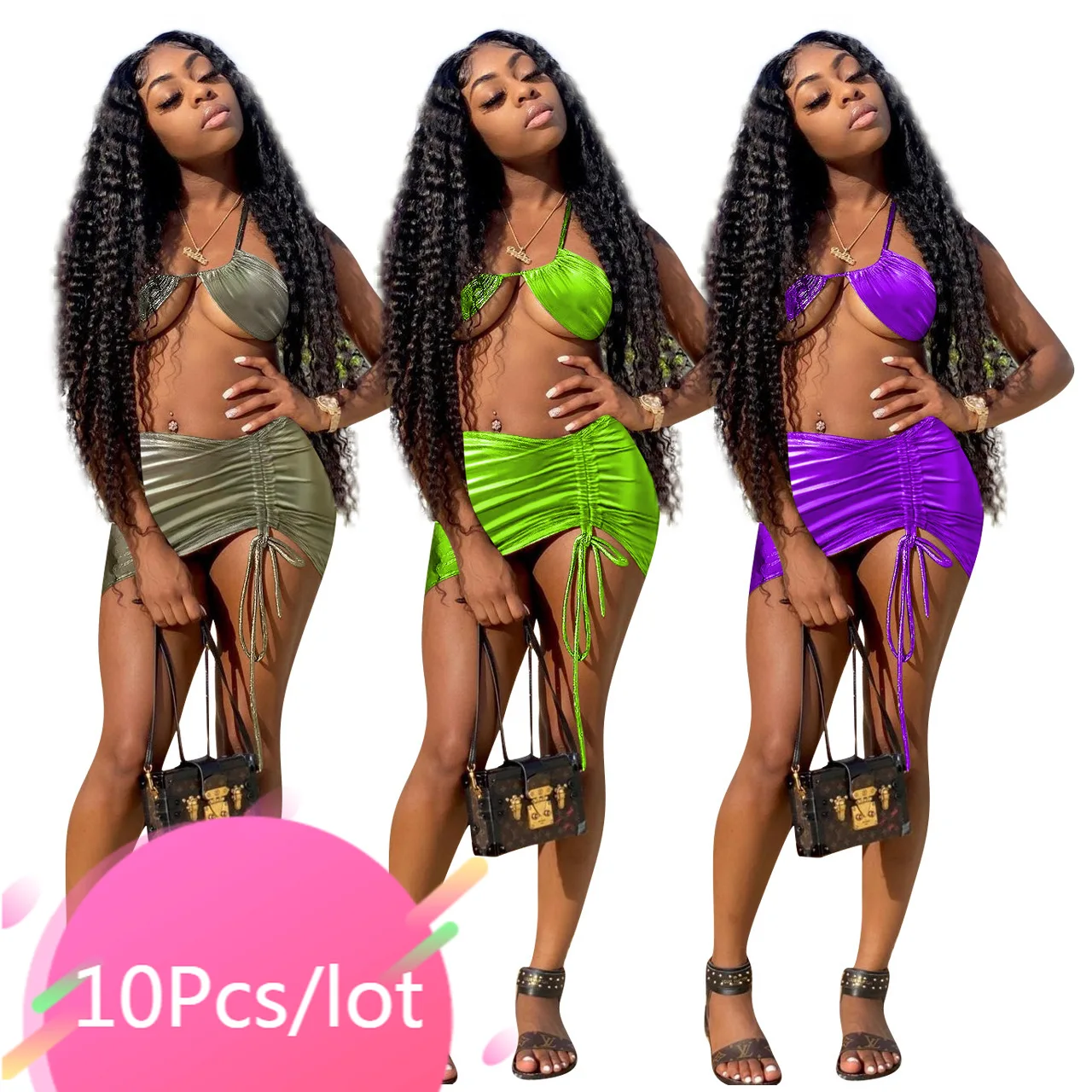 

Bulk Wholesale Items Clothing Summer 2 Piece Sets Halter Backless Crop Top Ruched Mini Skirt Sexy Birthday Outfits for Women