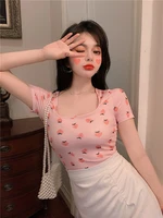 korean fashion kawaii strawberry pink top y2k girls white print t shirt women 2021 new short jacket with slim square collar