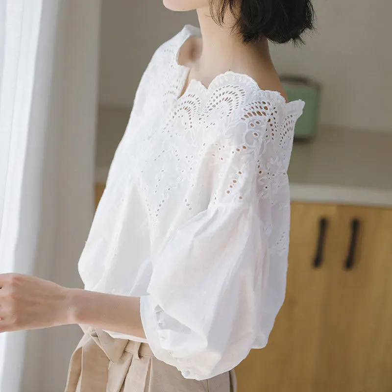 

Summer Korea Fashion Women Shirt Loose Off Shoulder Hollow Out Ladies Blouses Cotton Sweet Cute Short Sleeve White Shirt