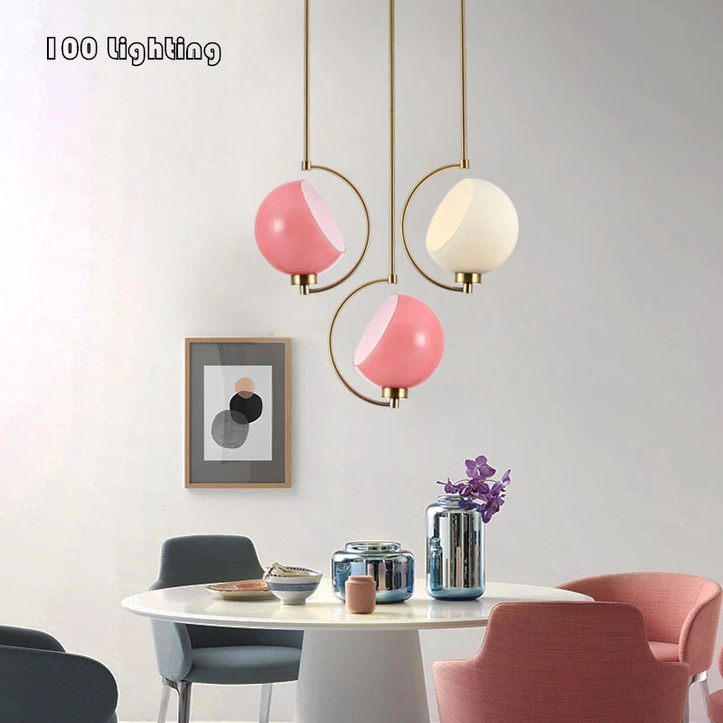 

Pink Glass LED Restaurant Pendant lamp Foyer Bedroom Pendant lights Bar Hanglamp Golden Metal 110-260V Loft Lighting Fixtures