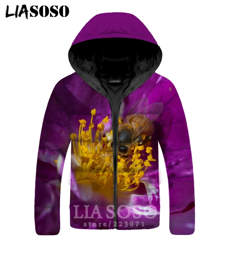 LIASOSO Bee Jackets Winter Men Women Flower 3D Print Animal Plus Velvet Thickening Zipper Warm Street Top Down Filled Coat A321 |