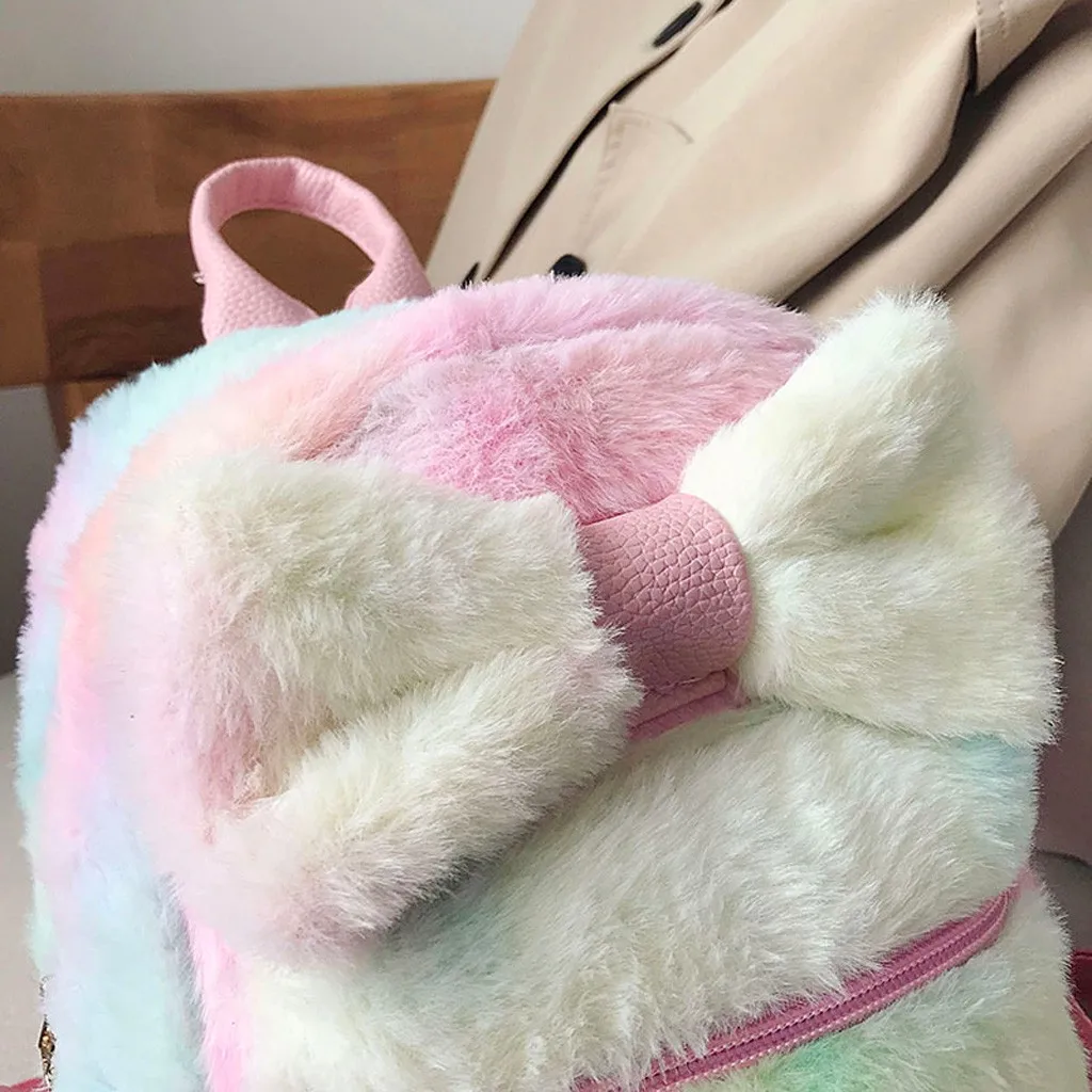 Aelicy мягкий меховой плюшевый рюкзак для женщин с бантом маленькие рюкзаки женская пушистая школьная сумка для девочек-подростков милые Mochilas