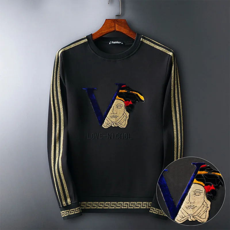 

Новинка весна-осень 2021 Толстовка с длинным рукавом мужской повседневный СВОБОДНЫЙ Модный тонкий черный топ с вышивкой и круглым вырезом