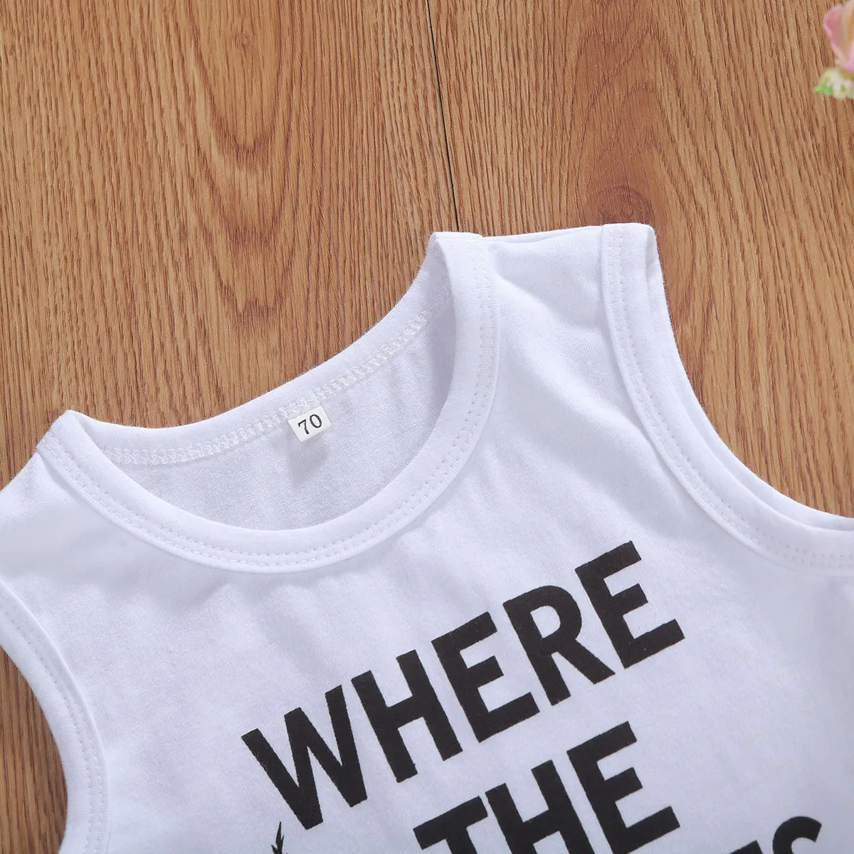 

2020 Summer Baby Boys WHERE THE BEACHES AT Print Round Collar Sleeveless Vest Top+ Cartoon Print Pants Set 0-3T Toddler Clothing