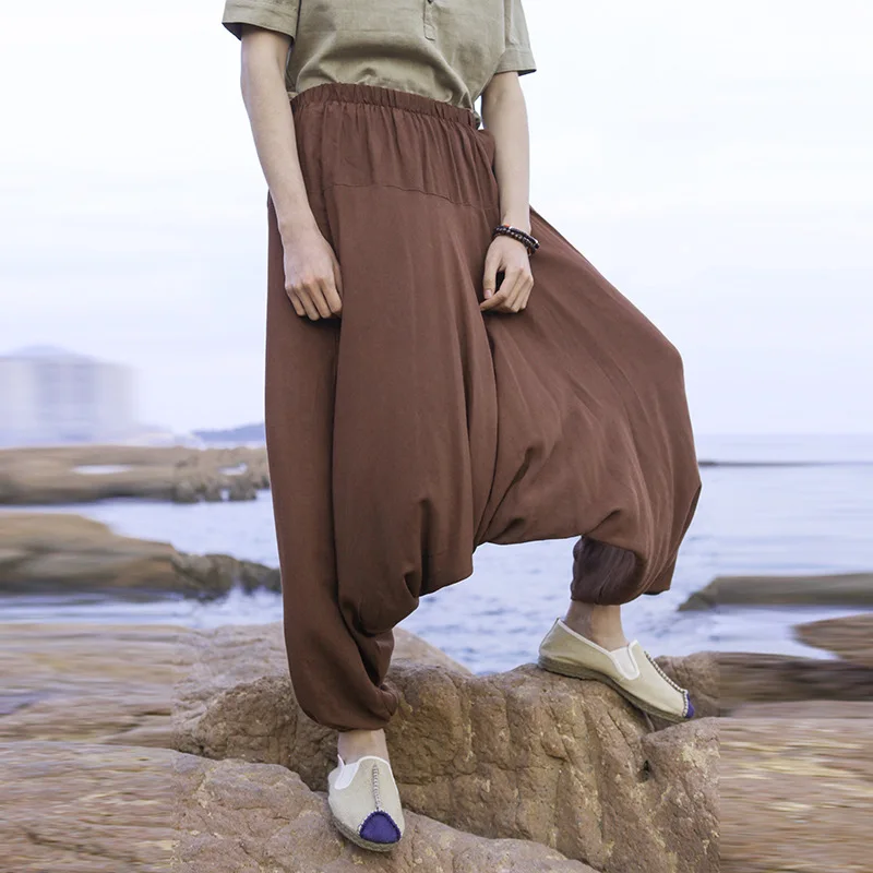 Мужские льняные брюки кунг фу в восточном стиле свободные с широкими штанинами