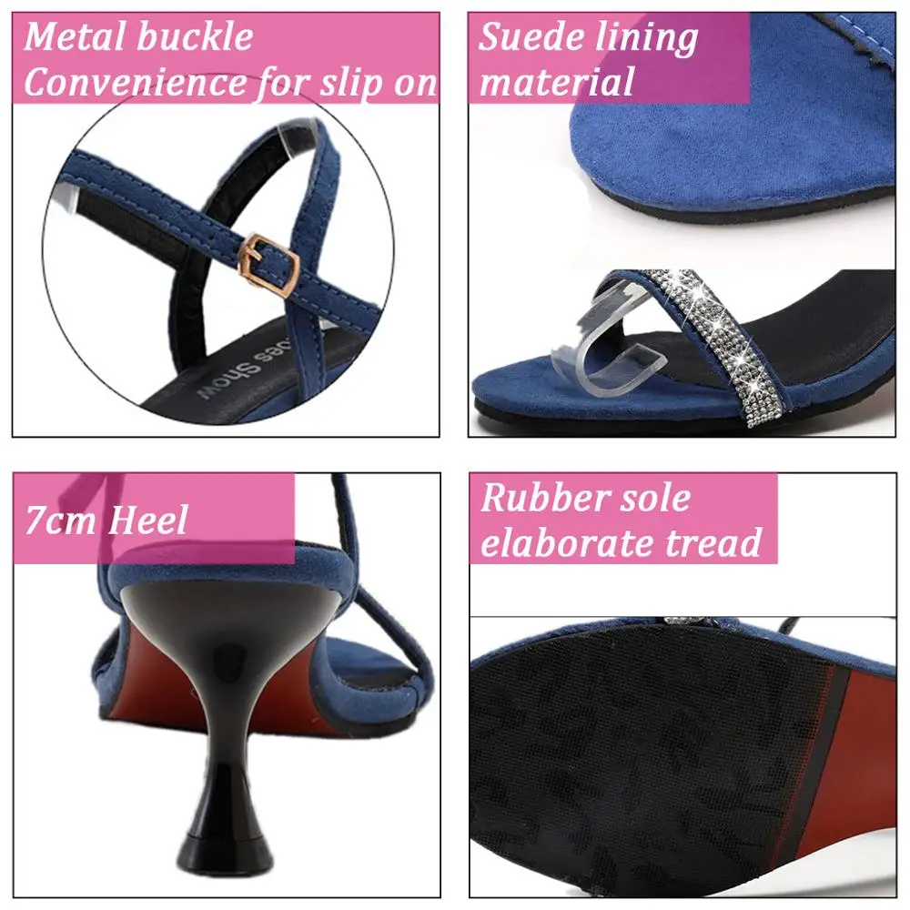 Женские Классические сандалии синие на высоком каблуке с кристаллами удобные