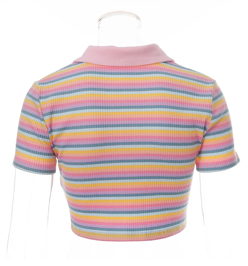 

Summer Turndown Collar Striped T Shirt Women Rainbow Crop Tops Female Fashion Short Sleeve T-Shirt