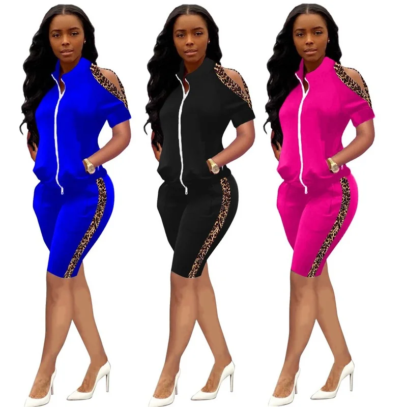 

2021 Women Summer Fashion New Street Casual Style Sets Long Sleeve Zipper Top Elastic Short Pants 3 Color 2 Piece Sets