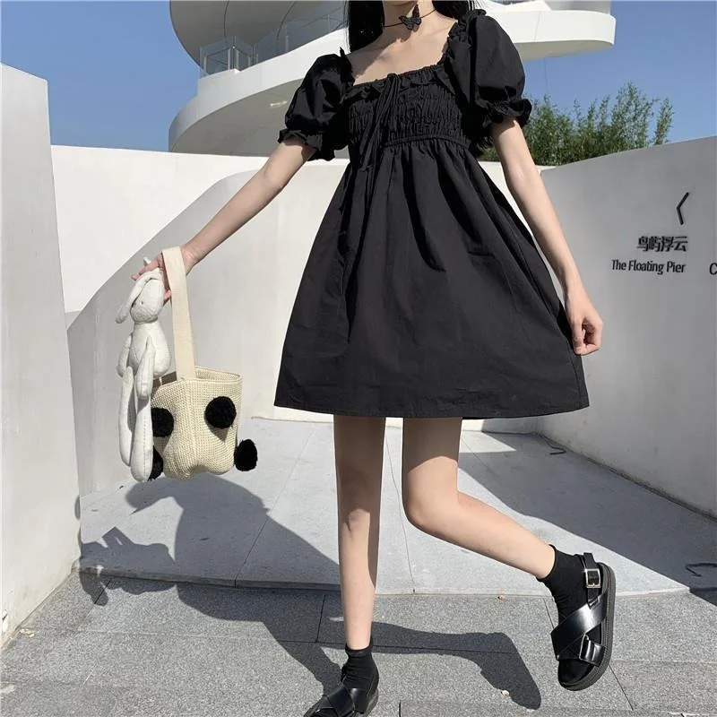 

Dresses Women Solid Square Collar Mini Student Loose A-line Casual Feminino Vestidos Puff Sleeve Summer College Temperament Chic
