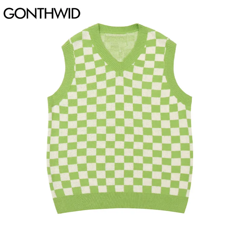 

GONTHWID Harajuku Streetwear Sleeveless Sweaters Checkerboard Plaid Knitted V-Neck Sweater Vest Knitwear Jumper Hip Hop Tops