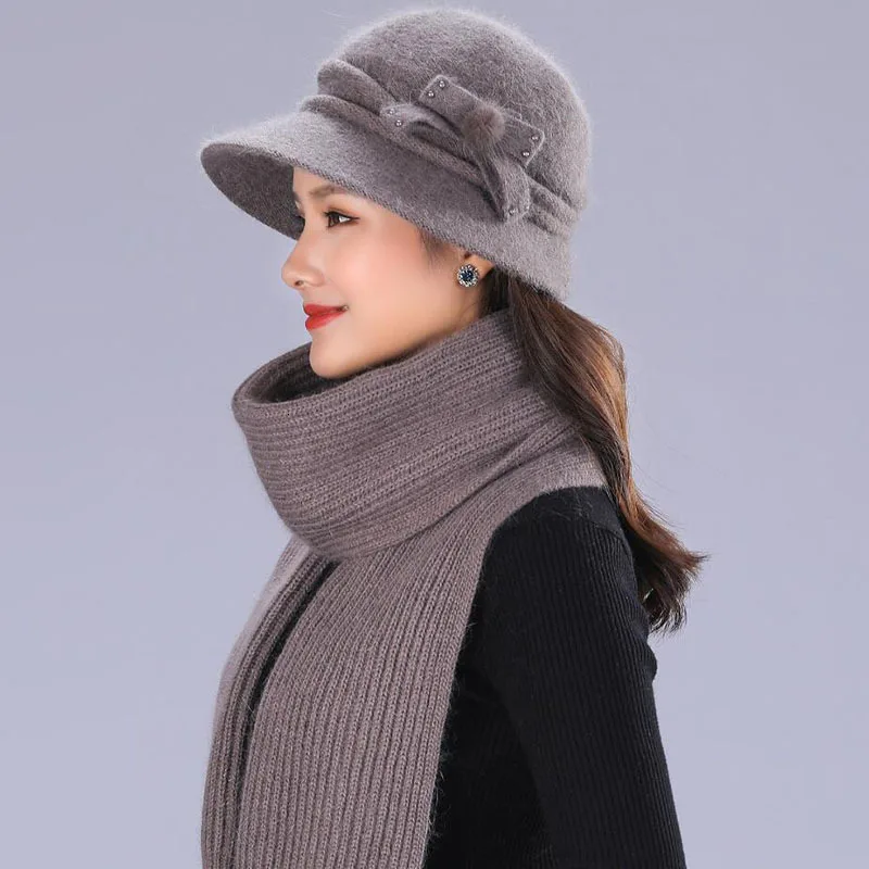 Женская осенне зимняя шапка шарф Шапка смешанный ворсинки мех кролика теплая