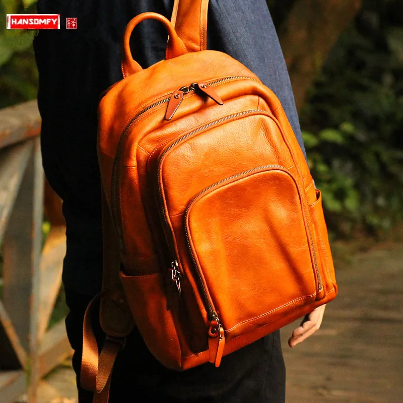 

Кожаный мужской рюкзак, повседневная школьная сумка большой вместимости, ранец из воловьей кожи растительного дубления для ноутбука, дорож...