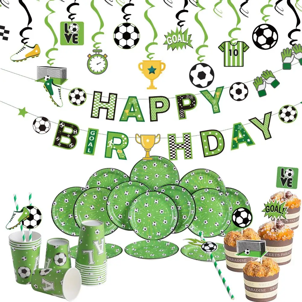 

Soccer Theme Kids Birthday Party Decorations Hanging Banner/Swirls Paper Plates Cake Topper World Cup Baby Shower Party Supplies