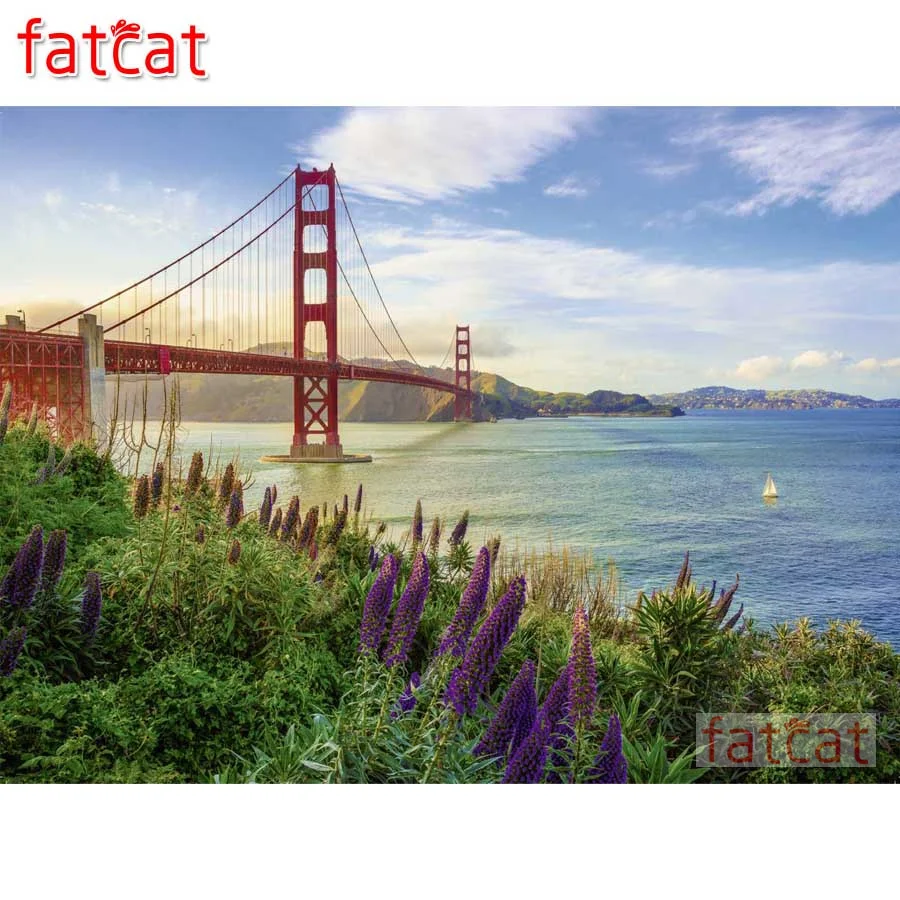 FATCAT Золотые ворота рассвет Алмазная картина полностью квадратная круглая дрель
