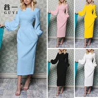 spring womens classic o neck lantern sleeve slim sheath dress 2021 plus size high quality solid color long skirt with pocket