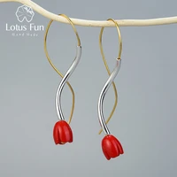 lotus fun real 925 sterling silver handmade designer fine jewelry ethnic style red rose flower dangle earrings for women gift
