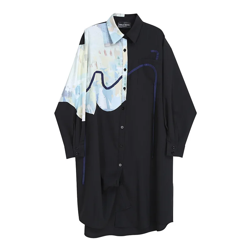 

SuperAen 2021 Осенняя Новинка с принтом пэчворк тонкая рубашка с отложным воротником прямое женское платье до середины икры