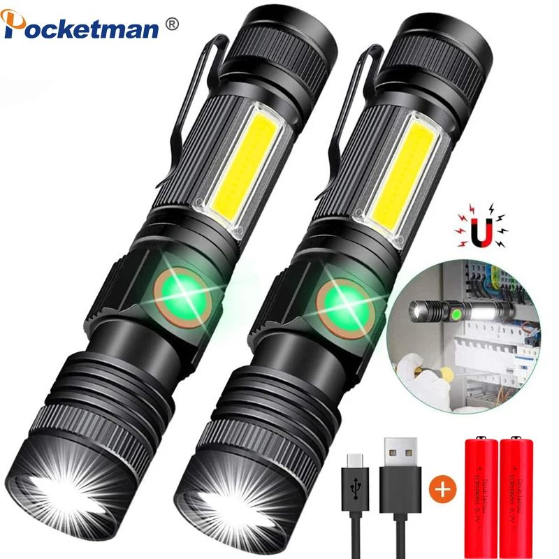 

USB Rechargeable Flashlight Super Bright Magnetic LED Torch with Cob Sidelight a pocket clip Zoomable for Camping