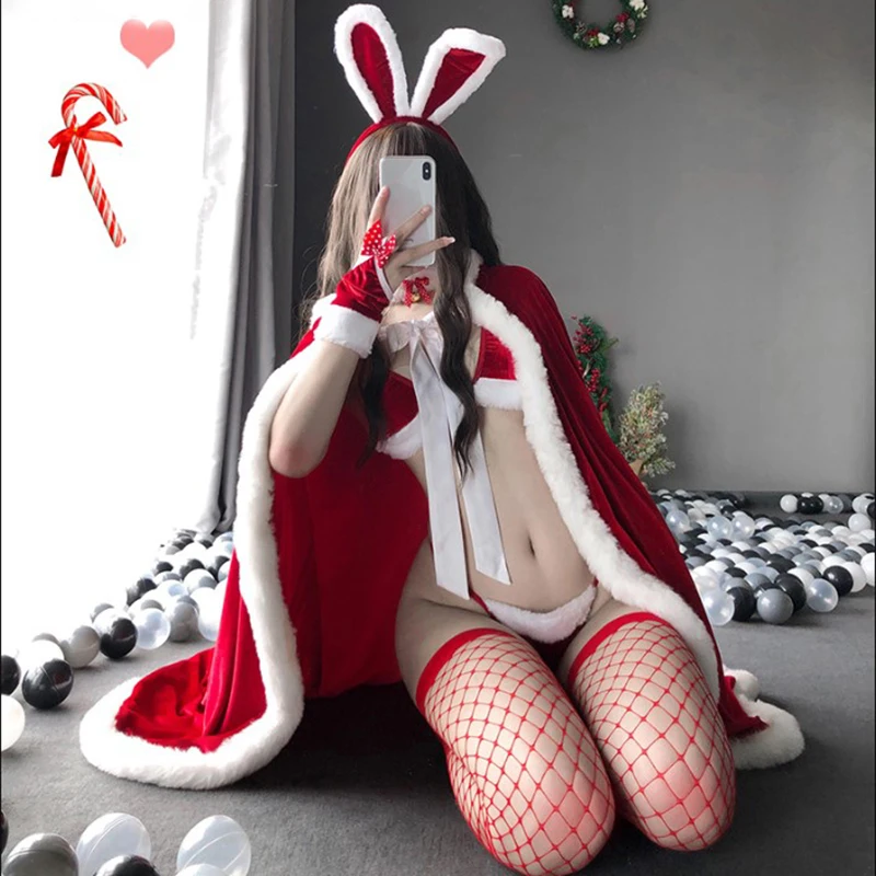

Sexy Christmas Bunny Girl Bikini Set With Cute Rabbit Tail Erotic Lingerie Halloween Outfit For Women Cosplay Costumes