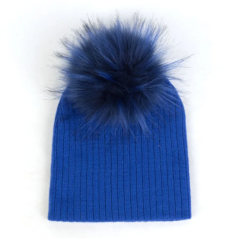 Royal blue3 Осенне-зимние теплые детские для младенцев ребристый головные уборы Skullies Beanies полосатые трикотажные утепленные шапки с помпоном унисекс, для новорожденных шапки - Цвет: Royal blue3