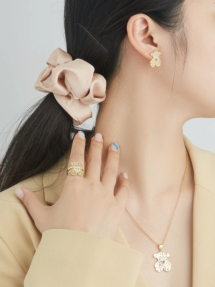 

SILVERHOO Copper Jewelry Sets Brand Pretty Bear Ring Earring And Pendent Necklace Inlay Cubic Zircon Classic Fashion Jewelry